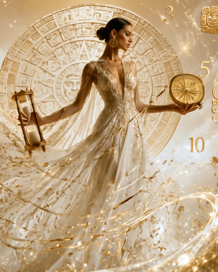 Frau im Goldkleid mit Sanduhr und Kompass, goldene Zahlen und Maya-Zeichen