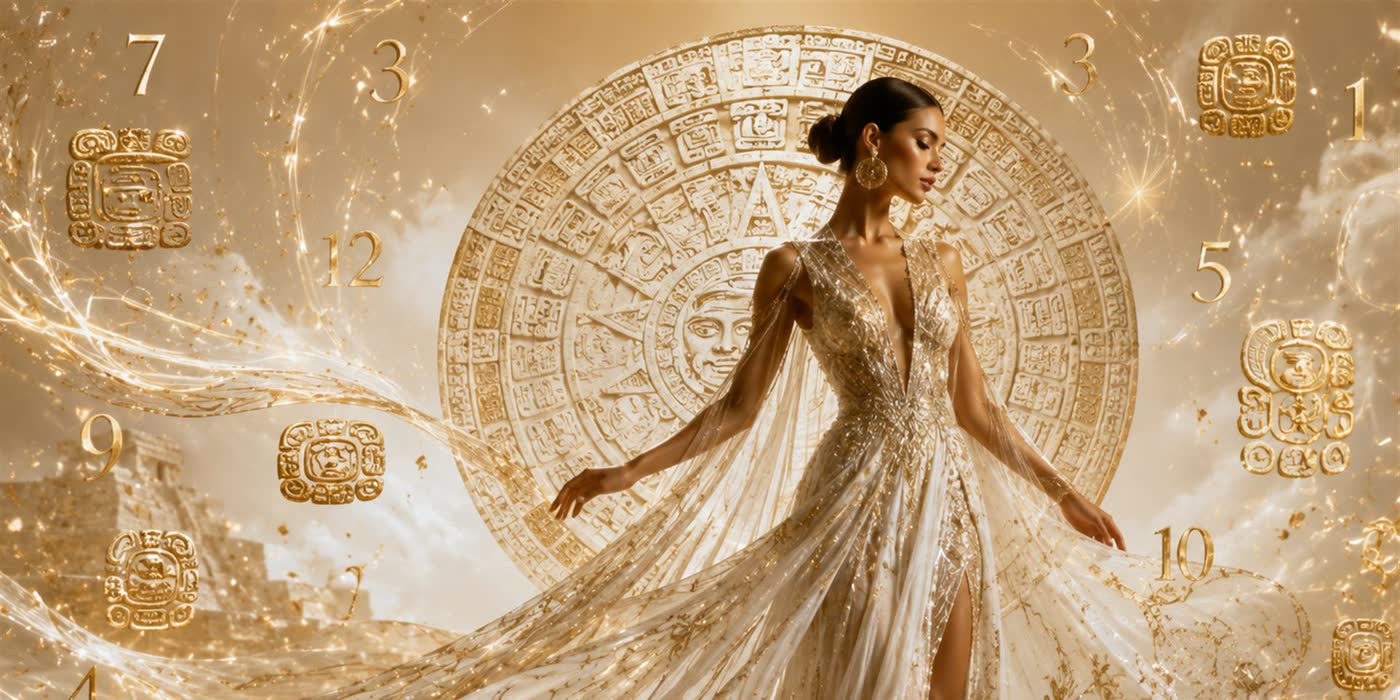 Frau im goldenen Kleid vor einem großen Maya-Kalenderrad, umgeben von goldenen Zahlen und Zeichen
