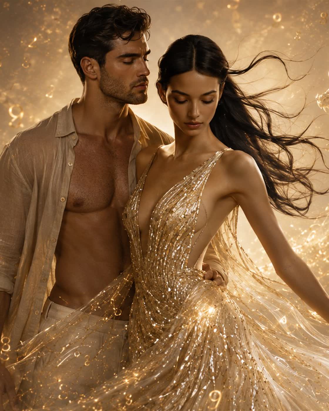 Mann im Leinenhemd und Frau im Goldkleid in warmem, goldenem Licht